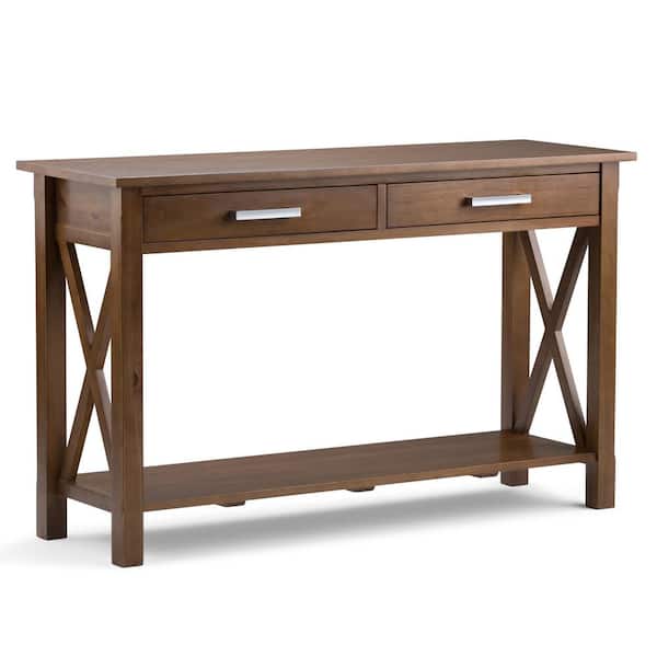 Simpli Home Kitchener Solid Wood 47 in. Wide Contemporary Console Sofa Table in Medium Saddle Brown