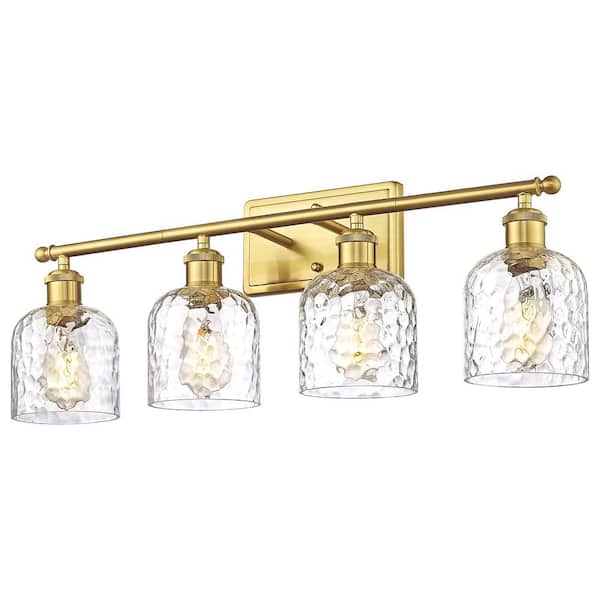 27 in. 4-Light Brushed Gold Vanity Light with Hammered Glass Shade