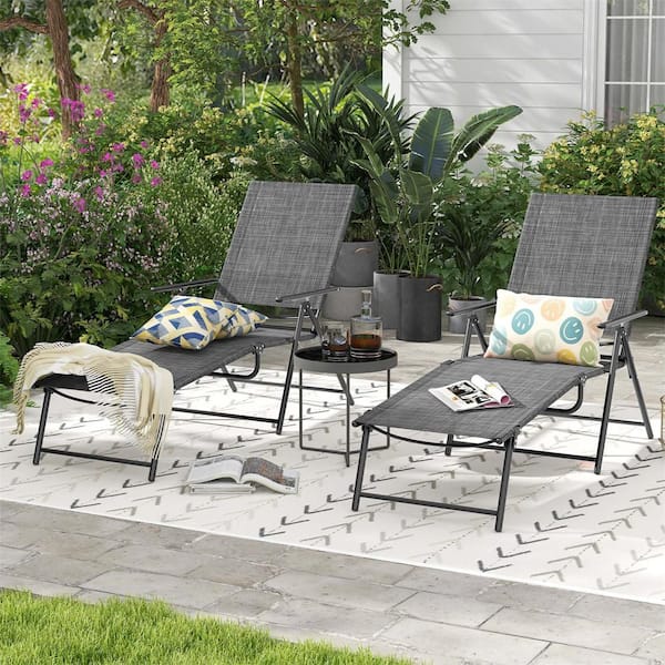 Metal Folding Outdoor Lounge Chairs with 6-Level Backrest Reclining Chairs in Grey (Set of 2）
