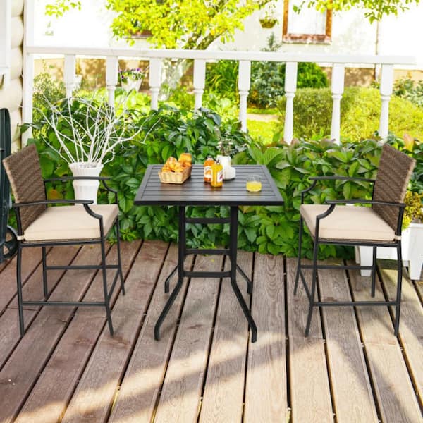 5-Piece Wood Bar Height Outdoor Rattan Bistro Bar Stool Table Set with Cushions