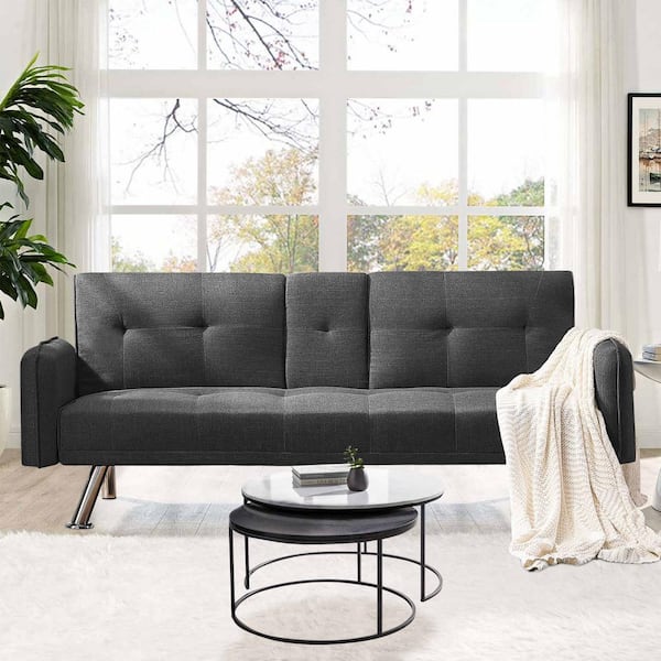 Seafuloy 74.8 in. Brown Polyester Adjustable Sofa Bed with 2-Cup Holders