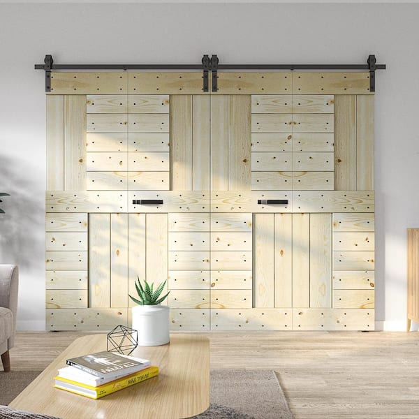 COAST SEQUOIA INC Coast Sequoia 72in. X 84in. Embossing S Series Unfinished Knotty Pine Wood Bi-Fold Barn Door With Sliding Hardware Kit