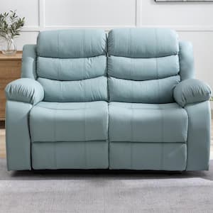Couch 59.44 in. W Misty Blue Slope Arm Leather 2-Seats Reclining Sofa