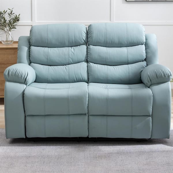 Pinksvdas Couch 59.44 in. W Misty Blue Slope Arm Leather 2-Seats Reclining Sofa