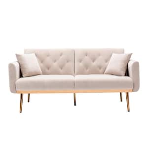 63.7 in Wide Beige Velvet Upholstered 2-Seater Convertible Sofa Bed with Golden Metal Legs
