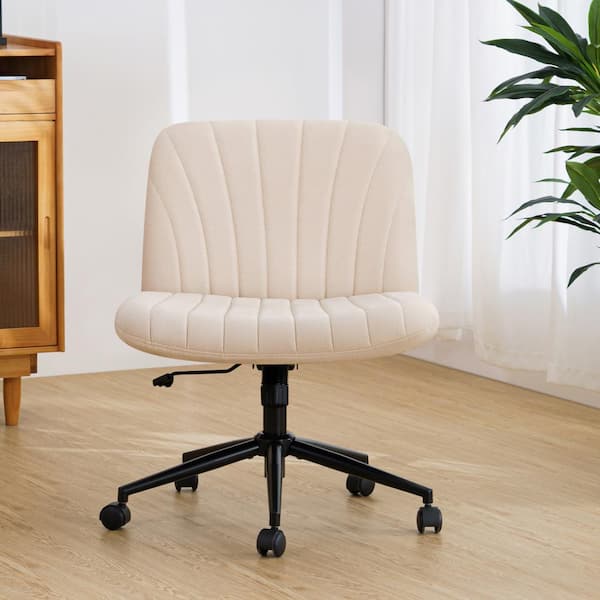 Hoffree Fabric Seat Armless Task Chair Adjustable Height Criss Cross Legged Office Chair in Beige No Wheels