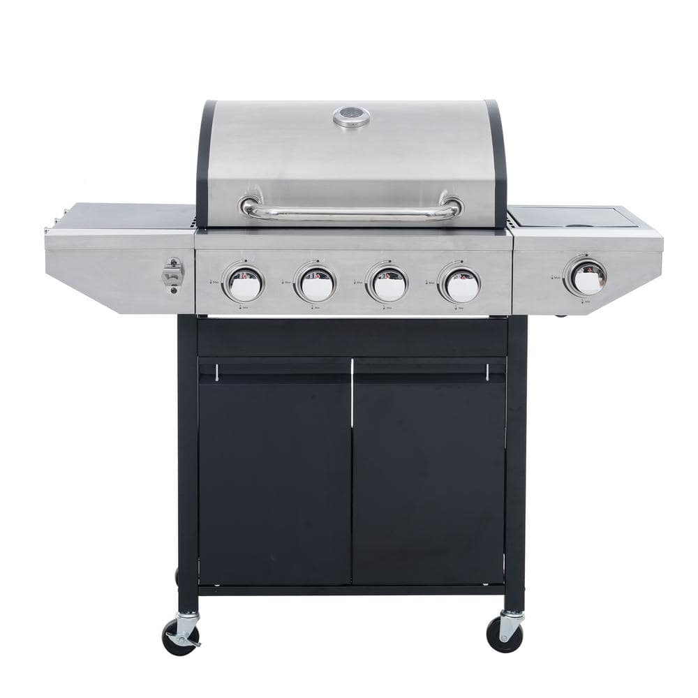 4-Burner Outdoor Propane Grill in Silver with Side Burner and Thermometer
