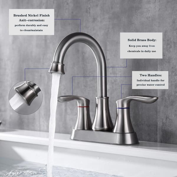 Staykiwi 4 in. Centerset Double Handle Mid Arc Bathroom Faucet with Drain Kit Included in Brushed Nickel