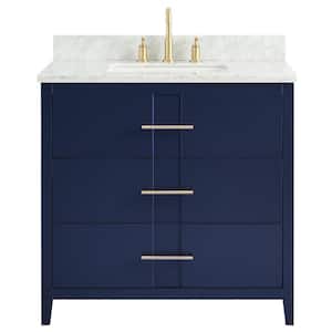 Emblem 36 in. W x 21 in. D x 34 in. H Single Sink Bath Vanity in Navy with Carrara Marble Top and Ceramic Basin
