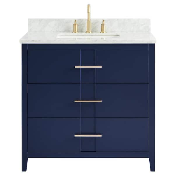 CHAMELEON CONCEPTS Emblem 36 in. W x 21 in. D x 34 in. H Single Sink Bath Vanity in Navy with Carrara Marble Top and Ceramic Basin
