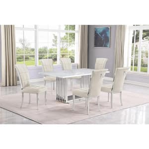 Lisa 7-Piece Rectangular White Marble Top Chrome Base Dining Set with Cream Velvet Chairs Seats 6.
