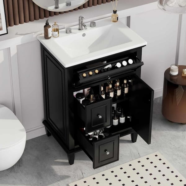 24 in. Freestanding Black Bath Vanity with White Ceramic Top, 1-Flip Drawer, 2-Drawers and Adjustable Shelf