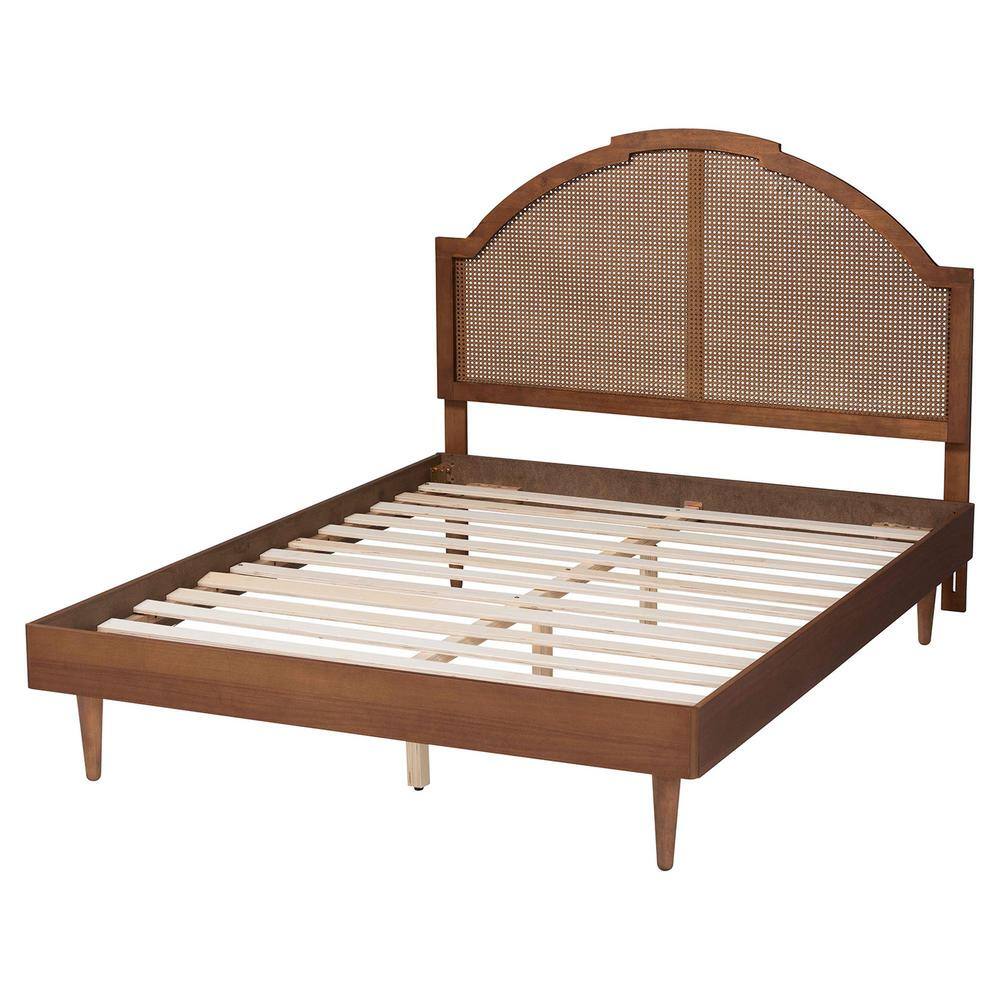 Walnut Brown Queen Wood Frame Platform Bed with Rattan Headboard