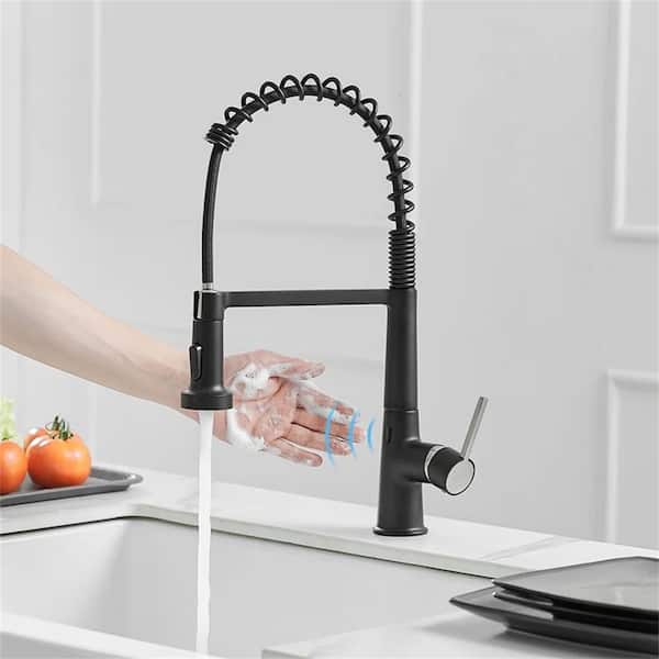 FLG Single Handle Touchless Pull Down Kitchen Sink Faucet With Sprayer Commercial Sensor Automatic Brass Taps in Matte Black