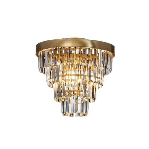 ALOA DECOR 3-Light 13 in. Tiered Gold Mini Flush Mount With Clear Crystals