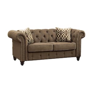 67 in. Brown Linen Solid Color 100% Linen 2-Seater Loveseat with Black Solid Manufactured Wood Legs