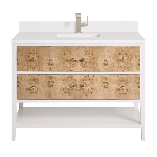 James Martin Vanities Olena 48.0 in. W x 23.5 in. D x 36 in. H Single Bath Vanity Polished White and Light Mappa Burl & White Zeus Quartz Top