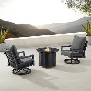 Black 3-Piece Aluminum Patio Fire Pit Set with 2-Club Chairs Black Cushions