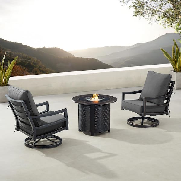 Oakland Living Black 3-Piece Aluminum Patio Fire Pit Set with 2-Club Chairs Black Cushions
