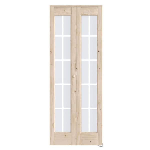 32 in. x 80 in. 3/4 Lite Frosted Glass Preassembled Solid Core Wood Spruce Bi-Fold Door with Hardware