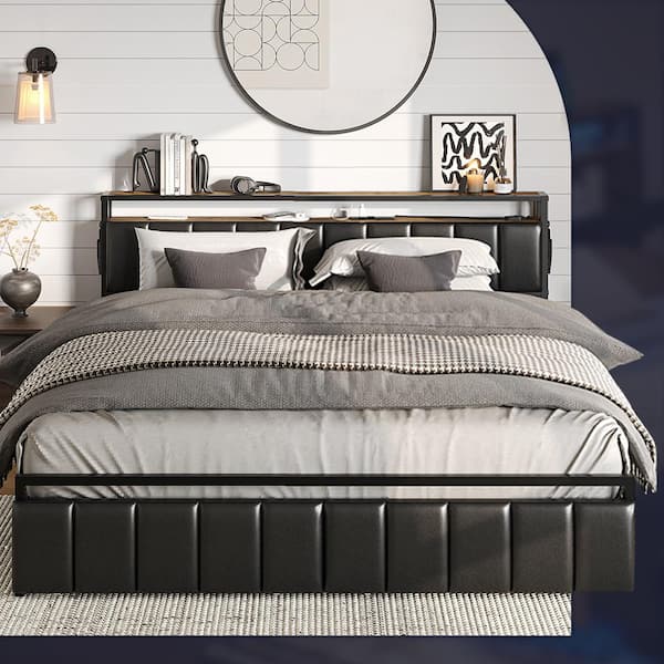 Linsy Full Bed Frame With Ergonomic Headboard, 14 Inch Fast Assembly Metal Bed With Lights, Outlets & USB, Bed Frame Full Size With Storage, Noise