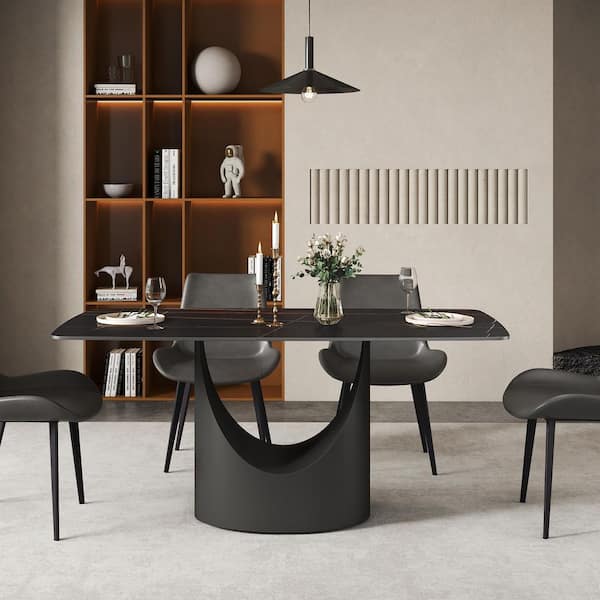 Black Rectangular Sintered Stone 62.99 in. W Pedestal Dining Table Seats-6