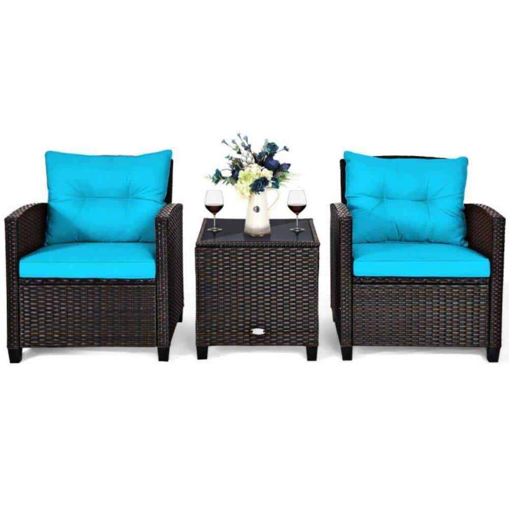 Turquoise Cushioned Rattan 3-Piece Patio Conversation Set