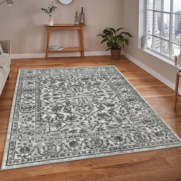 Alpine 6 x 9 Dark Gray Bordered Pattern Area Rug for High Traffic Living Room Dining Room Bedroom