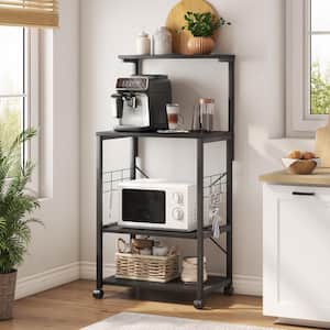 Black 4-Shelf Wood 23.6 in. Kitchen Baker's Rack with Microwave Oven Stand, Sliding Shelve, Wheels and Hooks