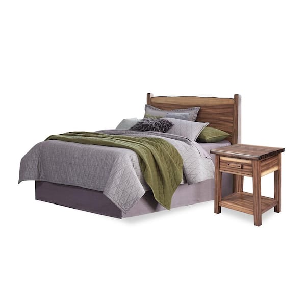 HOMESTYLES Forest Retreat Brown Teak Wood Queen Bed and Night Stand
