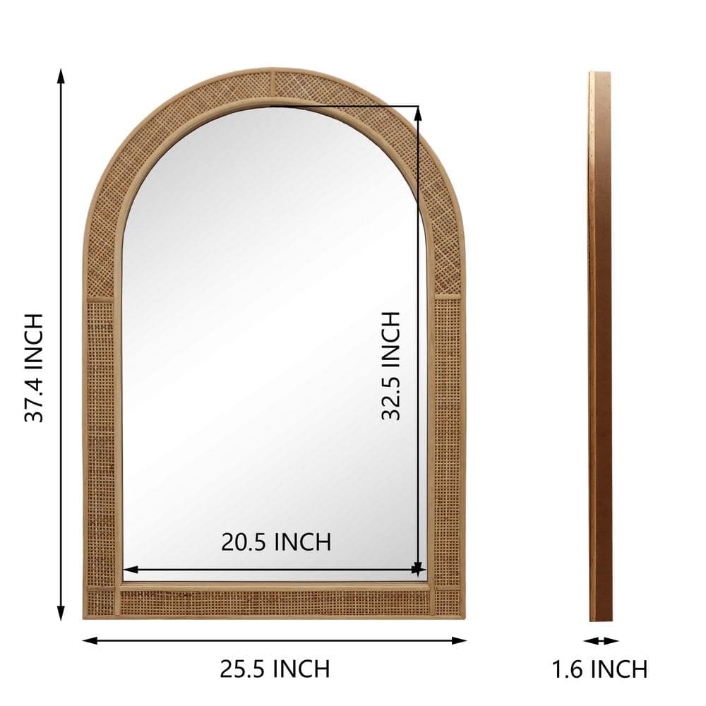 Arched Light Brown Rattan Framed Decorative Wall Mirror