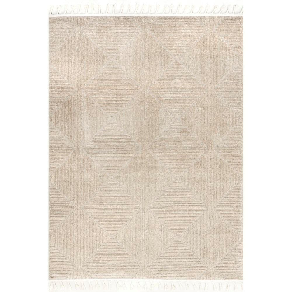 Kerry Beige Geometric Tasseled 7x9 Synthetic Area Rug