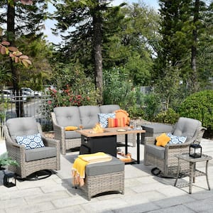 Tulip B Gray 7-Piece Wicker Patio Storage Fire Pit Conversation Set with Swivel Rocking Chairs and Dark Gray Cushions