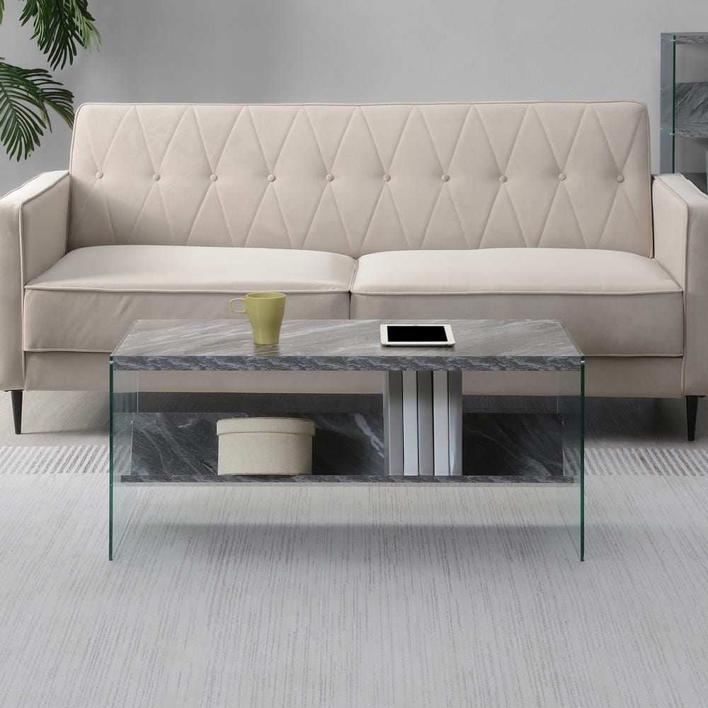 Sleek Soho 40" Gray Faux Marble Wood Coffee Table with Glass Sides