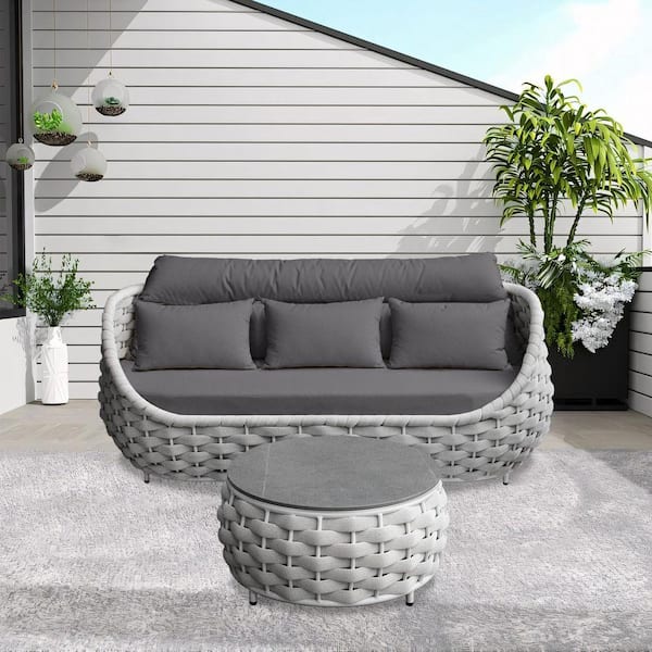 Bird's Nest Shaped Gray Aluminum Frame Outdoor Couch 3-Seat Sofa Daybed with Dark Gray Cushion and Coffee Table