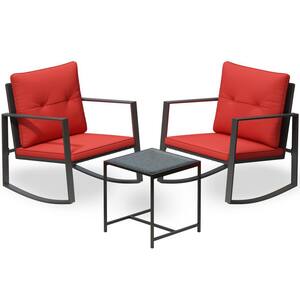 Serenity Decor 3-Piece Rocking Bistro Set--Glass Coffee Table with 2 Chairs-Red