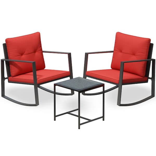 Pyramid Home Decor Serenity Decor 3-Piece Rocking Bistro Set--Glass Coffee Table with 2 Chairs-Red