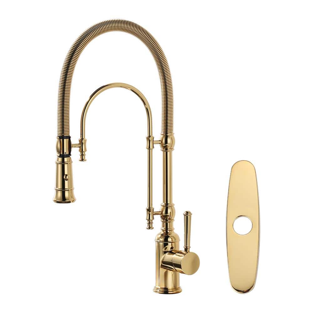 Single Handle Pull Down Sprayer Kitchen Faucet Solid Brass in Brushed Gold