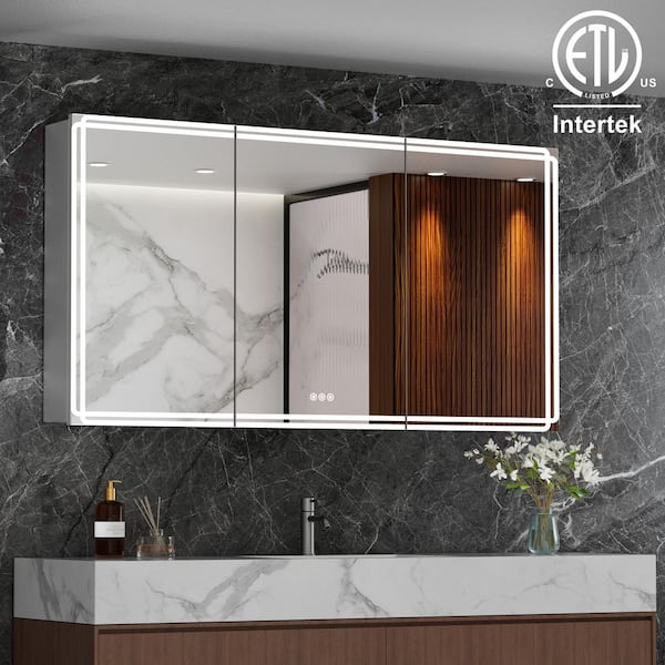 HBEZON 60 in. W x 32 in. H Rectangular Aluminum Medicine Cabinet with Mirror, Dimmable Light, Anti-Fog, Adjustable Shelves