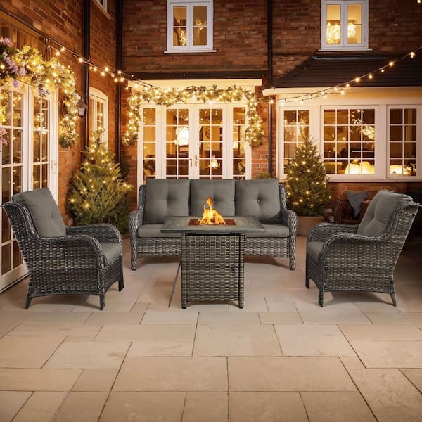 Pocassy 4-Piece Fire Pit Table Patio Sets Wicker Patio Conversation Set with Lounge Chair Gray Cushions
