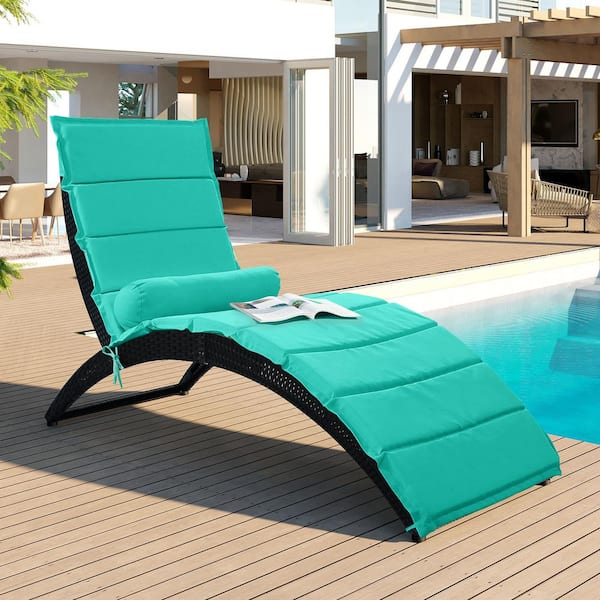 Unbranded Wicker Outdoor Chaise Lounger with Removable Cushion and Bolster Pillow Black Wicker and Turquoise Cushion in Blue