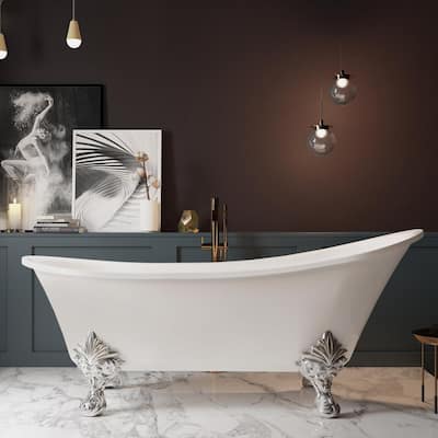 Clawfoot Bathtub - 69 in. Glossy White Acrylic Bathtub - Modern Flat Bottom Stand Alone Tub - Luxurious SPA Tub