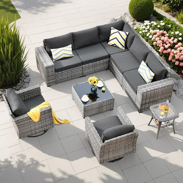 HOOOWOOO Crater Grey 9-Piece Wicker Wide-Plus Arm Patio Conversation Sofa Set with Swivel Rocking Chairs and Black Cushions
