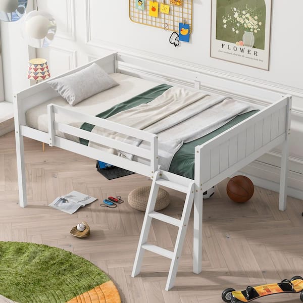 Qualler White Full Size Loft Bed with Convertible Ladder