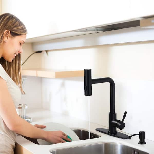 3-Mode Single Handle Waterfall Pull Down Sprayer Kitchen Faucet with soap dispenser in Stainless Steel Matte Black