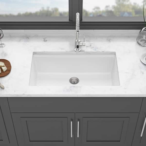 30 in. Undermount Single Bowl White Quartz Kitchen Sink with Accessories