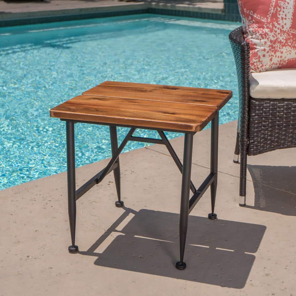 Outdoor Industrial Acacia Wood Side Table with Black Iron Details, Antique 