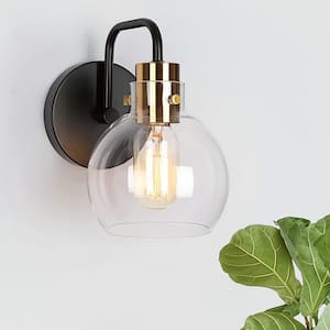 1-Light Industrial Black Wall Sconce, Modern Bedroom Brass Wall Light, DIY Globe Clear Glass Bathroom Vanity Light