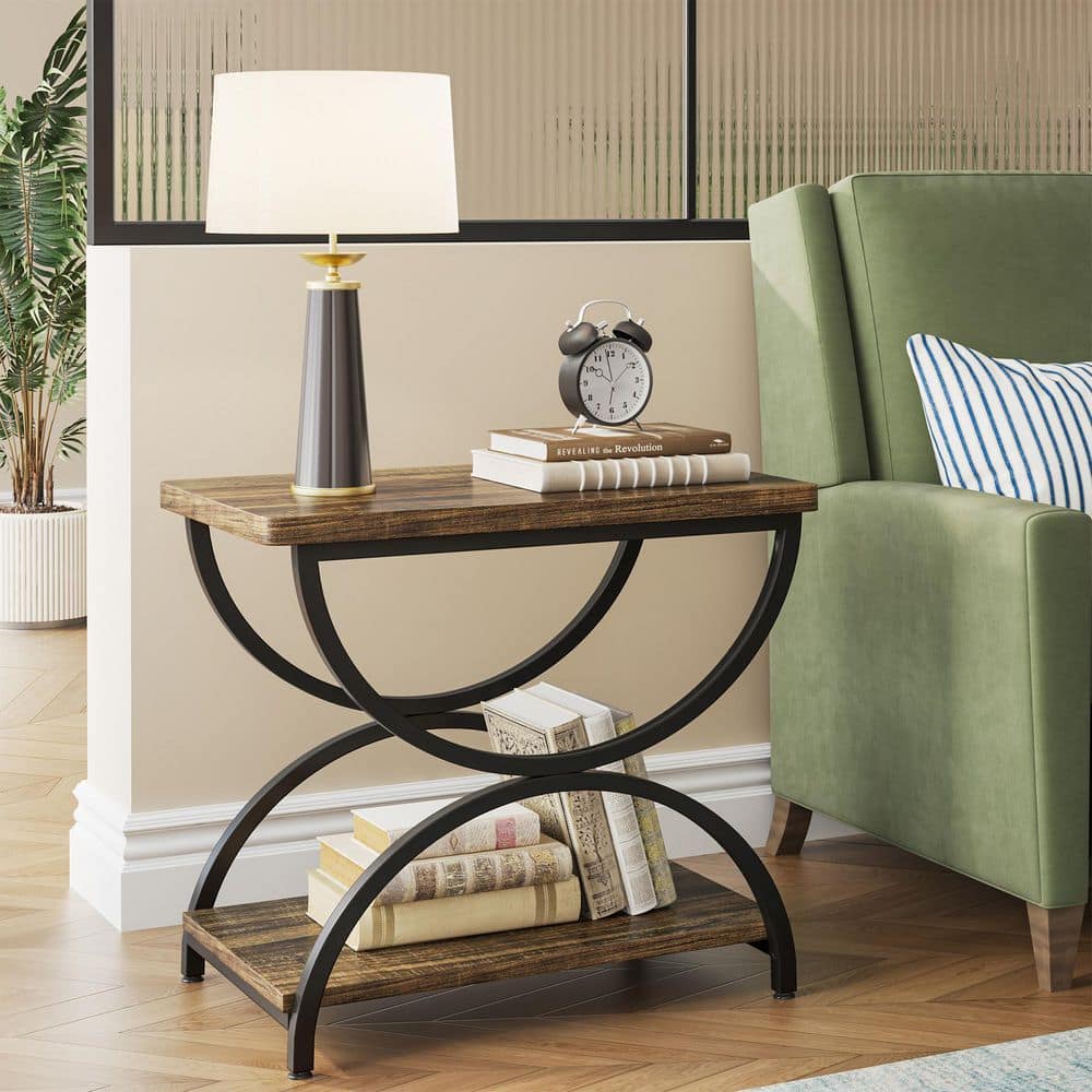 Kerlin 23.62 in. Light Walnut and Black Rectangular Wood End Table, Vintage 2-Tier Side Tables with Metal Frame for Home