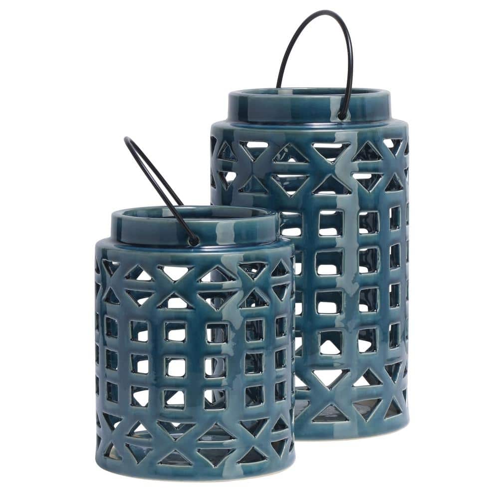 Blue Ceramic Hanging Candle Lantern with Metal Handles